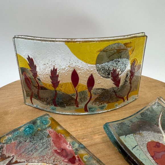 Fused Glass Trinket Dish Studio art glass 3 piece set multi color - Picture 2 of 7